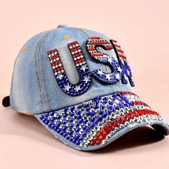 USA Rinestone Denim Ladies or Teens Hat / Cap Beautiful Designed Patrotic "NEW" - Picture 3 of 5